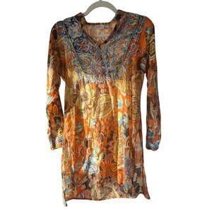 Indika Colorful Embroidered Paisley Floral Long Sleeve Tunic 100% Cotton